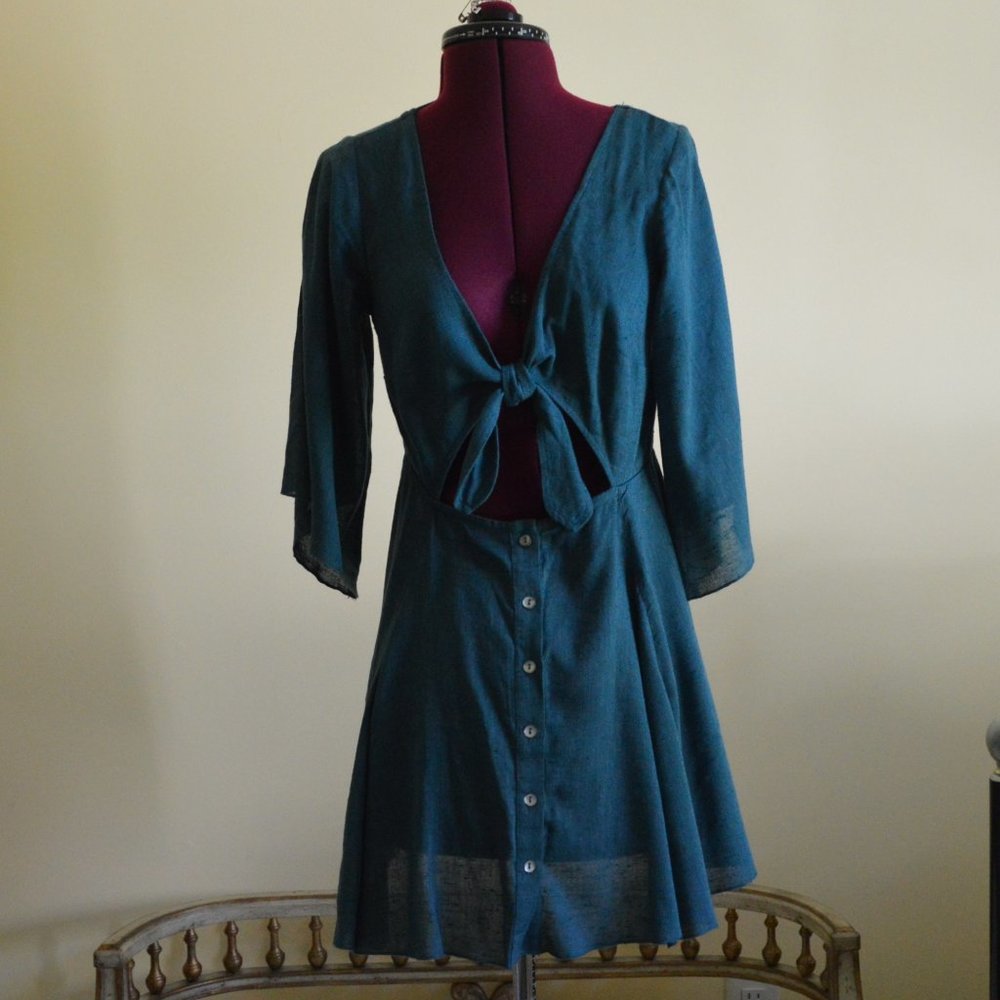 Free People XS Teal Tie Dress Button Front Mini